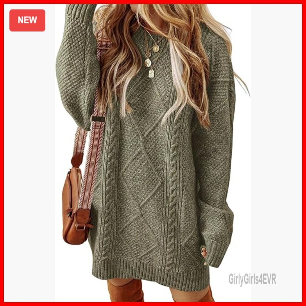 Cable Knit Sweater Dress Long Sleeve Loose Fit Pullover Mini Tunic